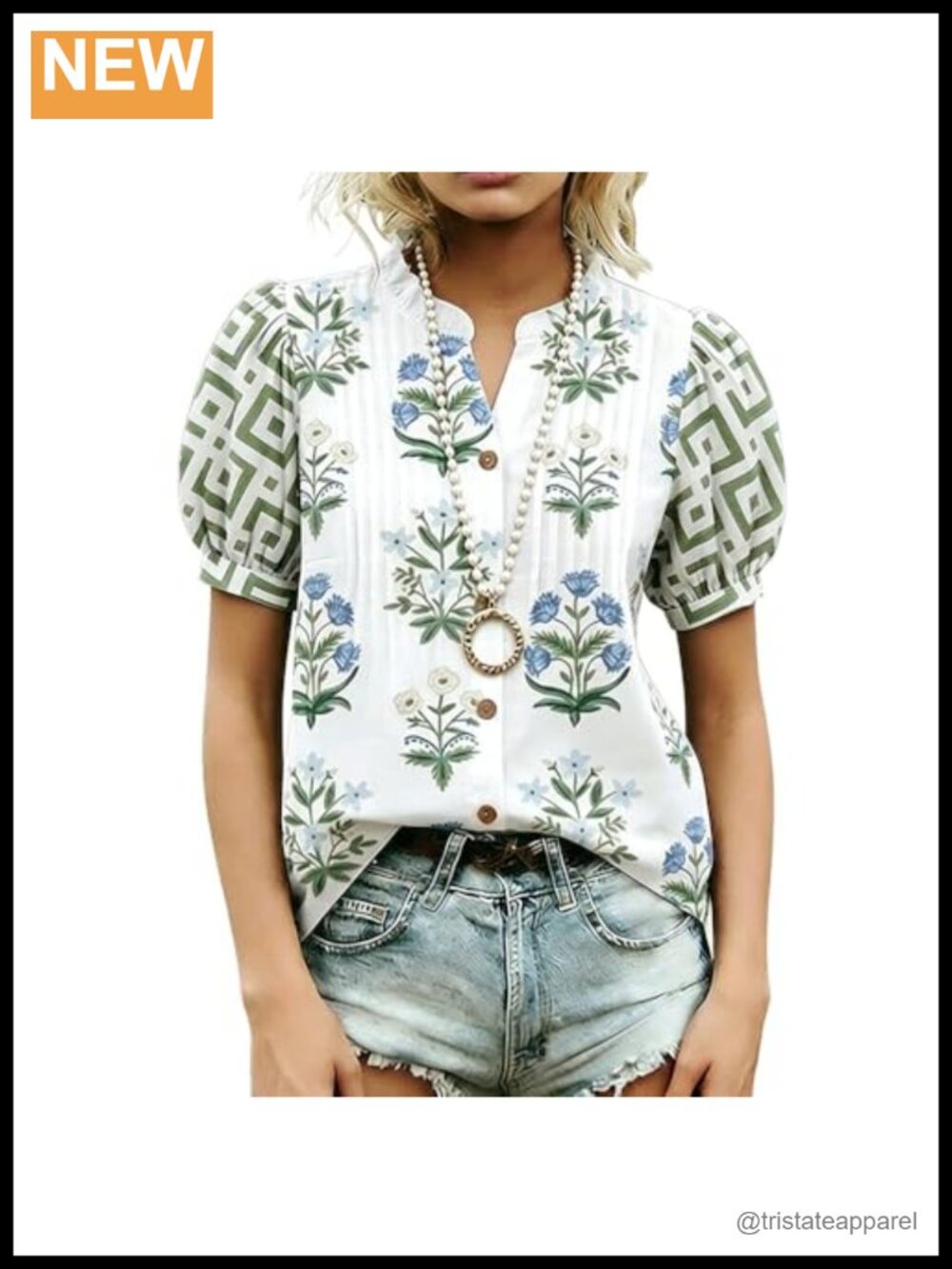 Women's Mixed Floral Print Puff Sleeve Cotton Boho Blouse